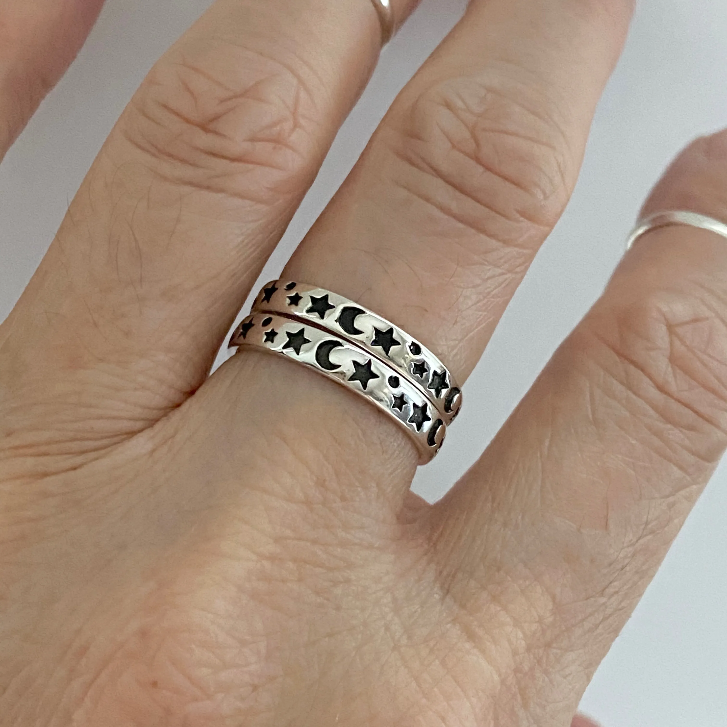 Sterling Silver 3MM Moon and Star Band, Silver Ring, Stackable Ring, Wedding Ring