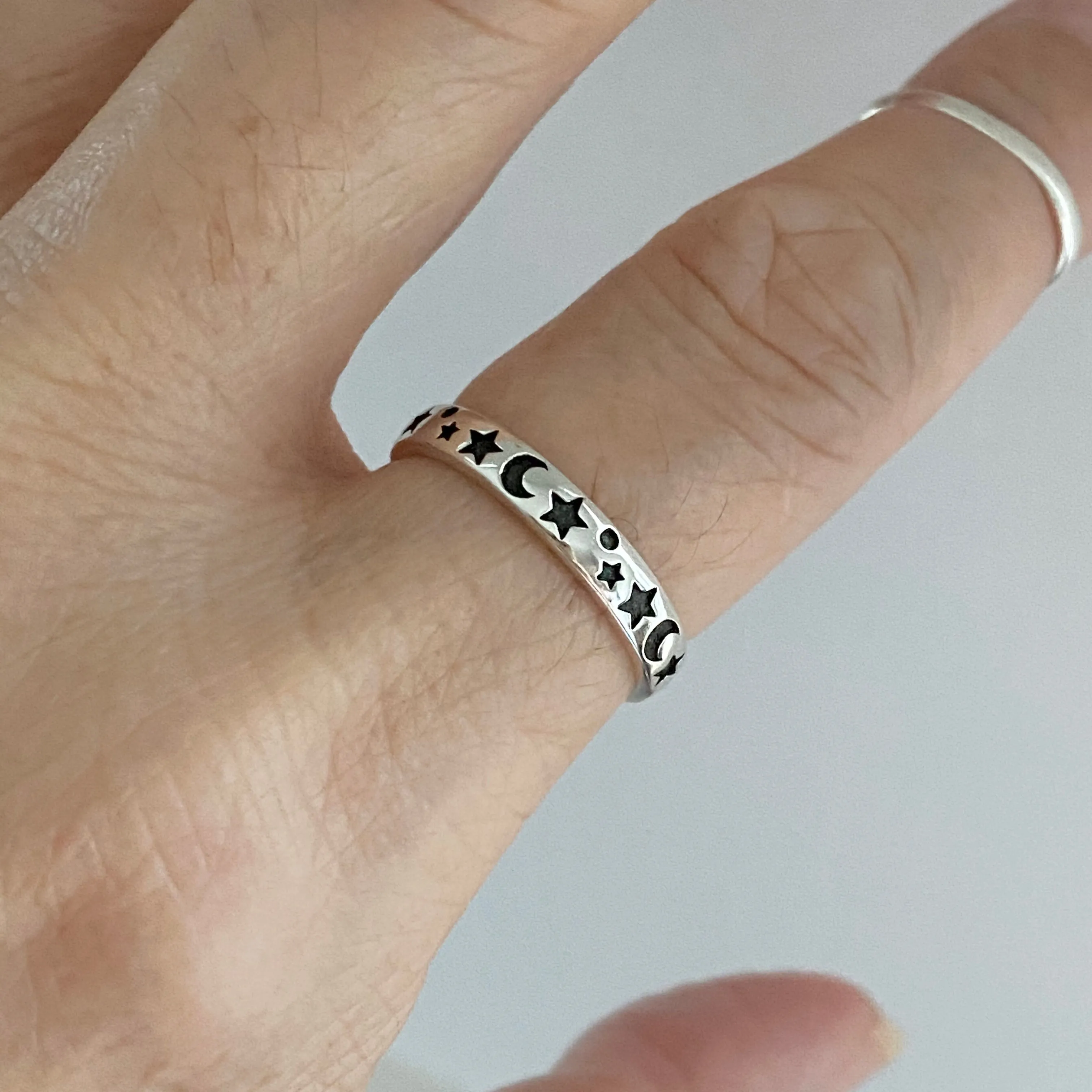Sterling Silver 3MM Moon and Star Band, Silver Ring, Stackable Ring, Wedding Ring