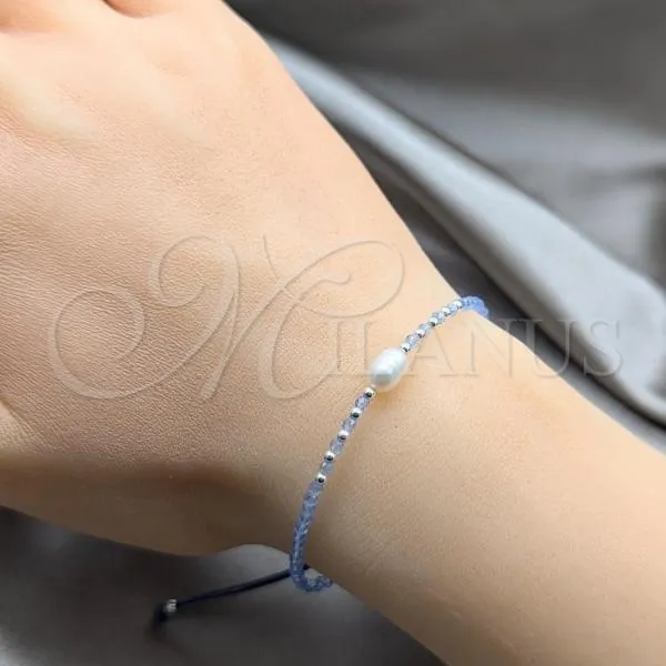 Sterling Silver Adjustable Bolo Bracelet, Ball Design, with White Pearl and Light Sapphire Crystal, Silver Finish, 03.426.0064.4.07