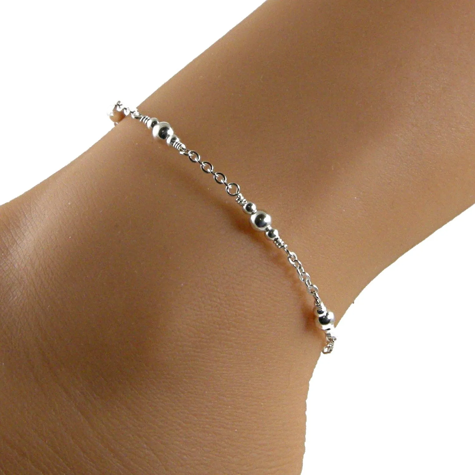 Sterling Silver Anklet, Sterling Silver Bead and Chain Anklet