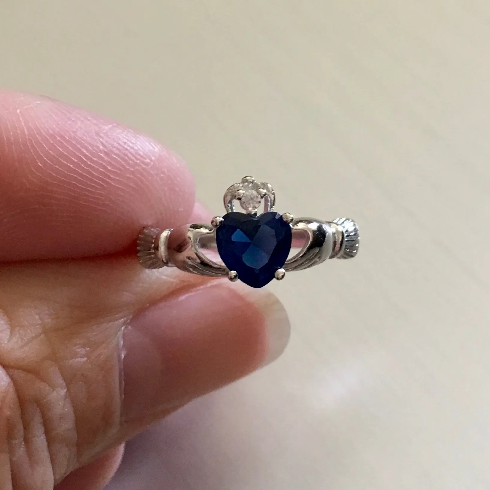 Sterling Silver Blue Sapphire CZ Heart Claddagh Ring, Silver Ring, Friendship Ring, CZ Ring