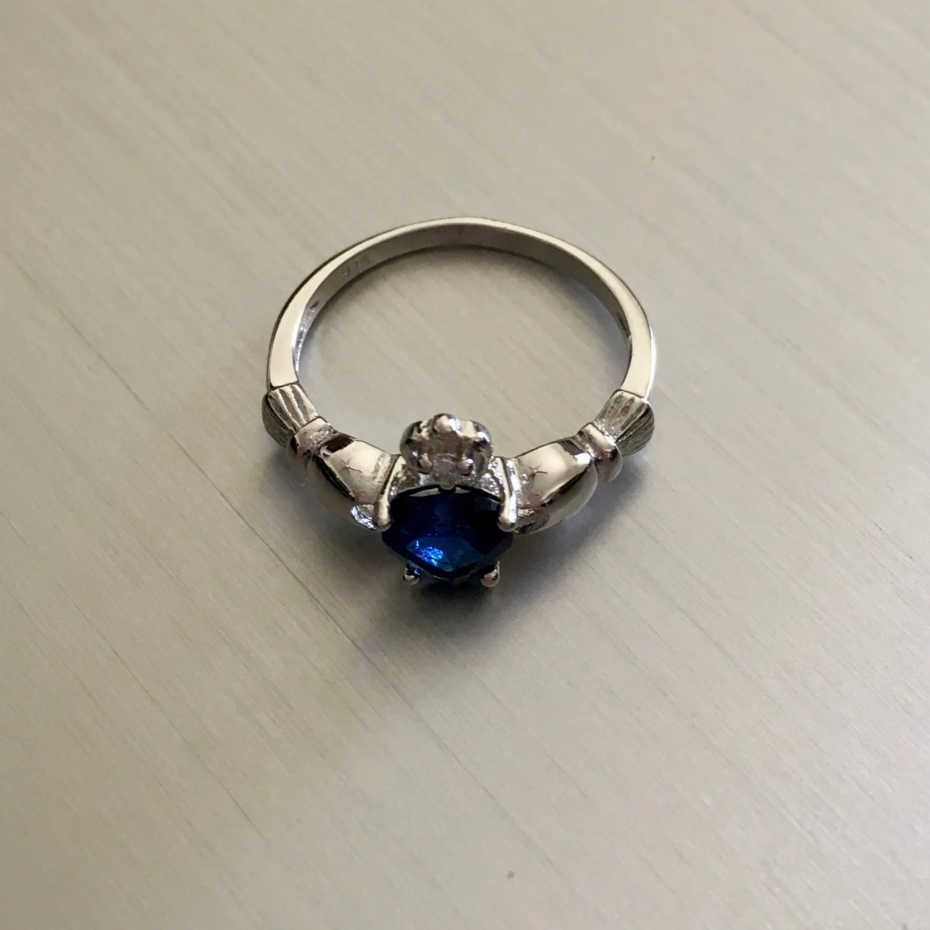 Sterling Silver Blue Sapphire CZ Heart Claddagh Ring, Silver Ring, Friendship Ring, CZ Ring