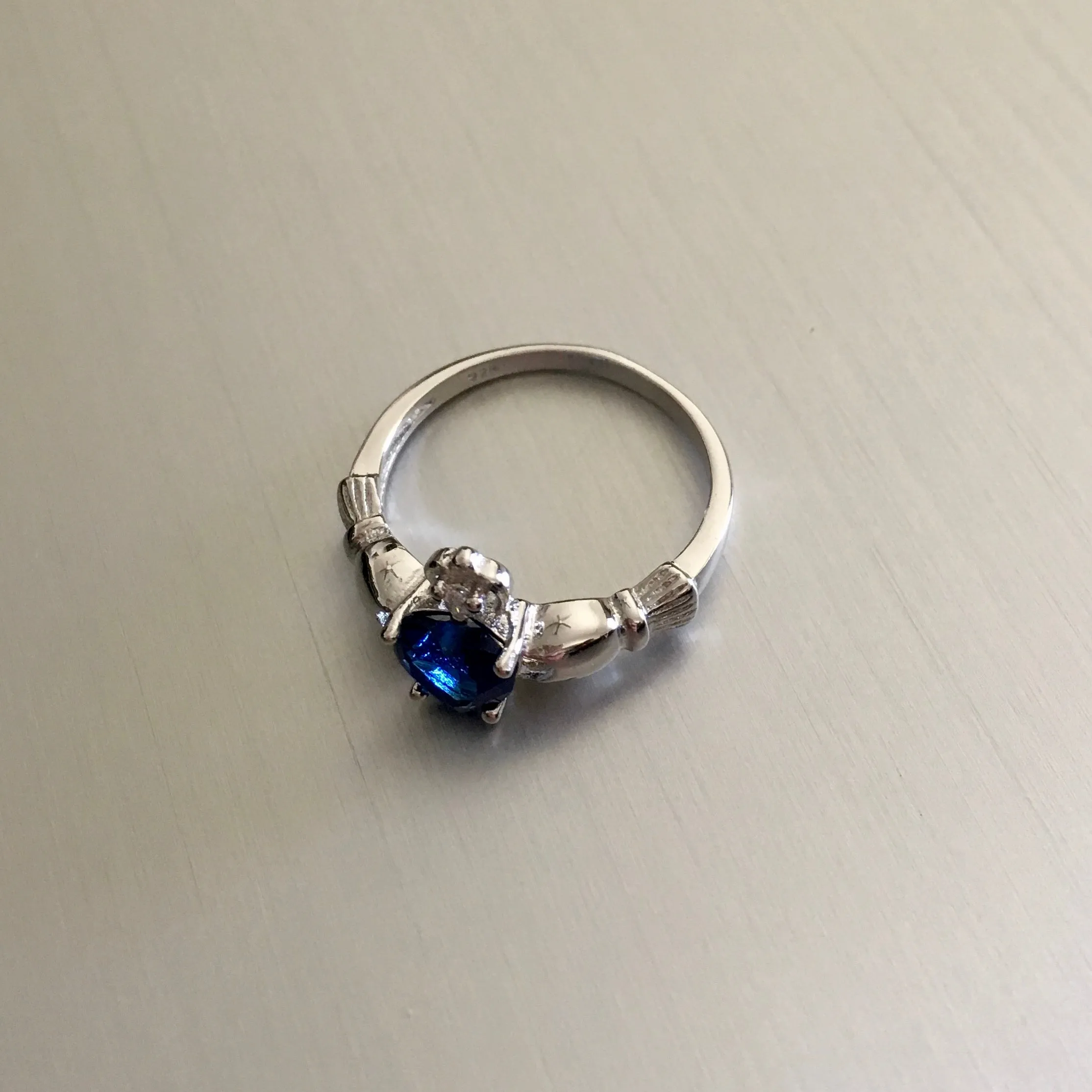 Sterling Silver Blue Sapphire CZ Heart Claddagh Ring, Silver Ring, Friendship Ring, CZ Ring