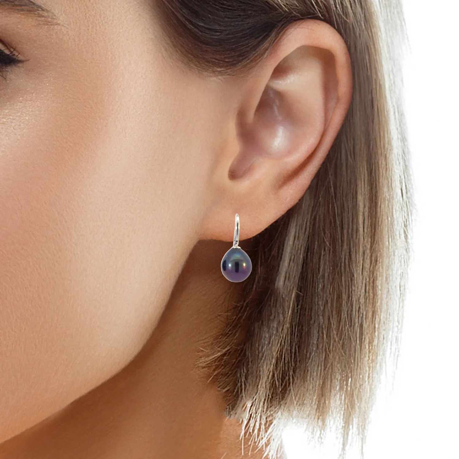 Sterling Silver Hook earrings with Black Pearls drop shape