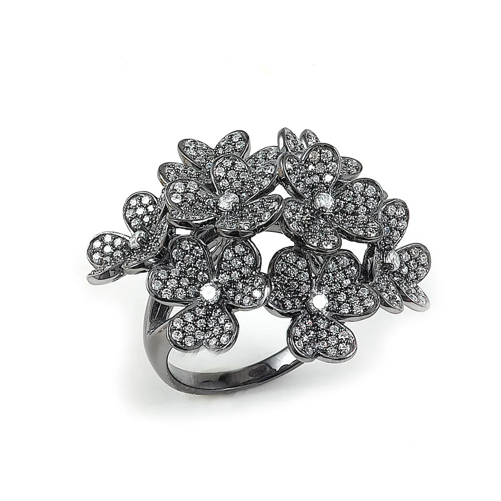 Sterling Silver Rhodium Plated and CZ Flowers Ring