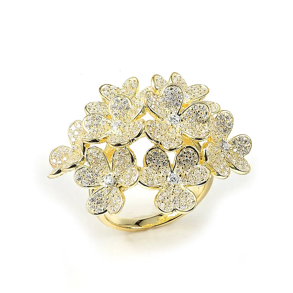 Sterling Silver Rhodium Plated and CZ Flowers Ring