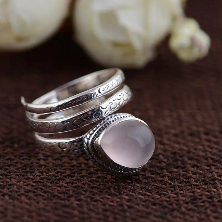 Sterling Silver Rose Quartz Ring Natural Stone 925 Silver Adjustable Size Spiral Gypsy Boho Ring Great For Stacking!