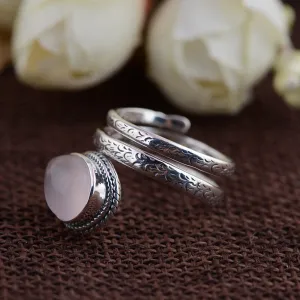 Sterling Silver Rose Quartz Ring Natural Stone 925 Silver Adjustable Size Spiral Gypsy Boho Ring Great For Stacking!