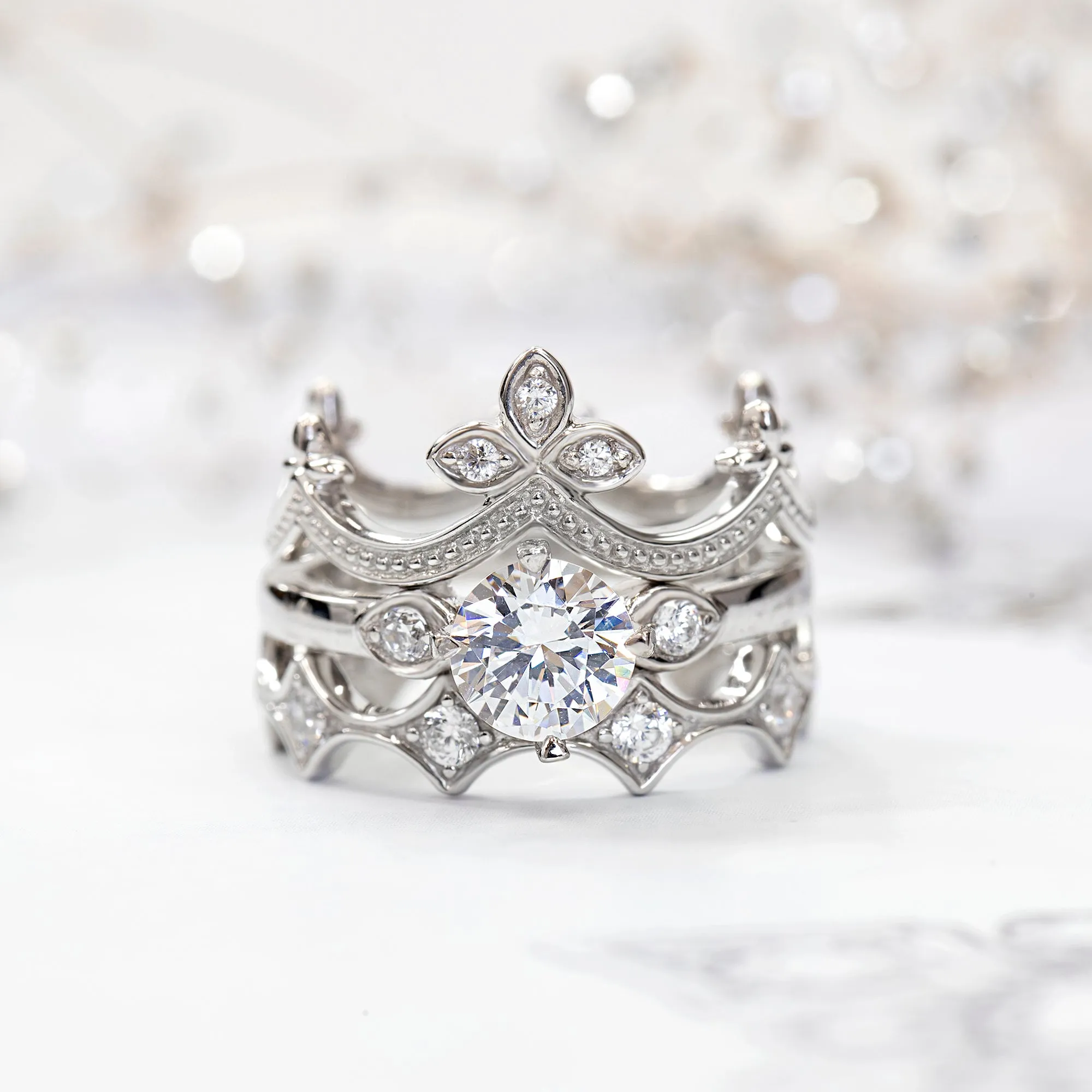 Sterling Silver Round 1 CT Solitaire Crown Stackable Rings Set