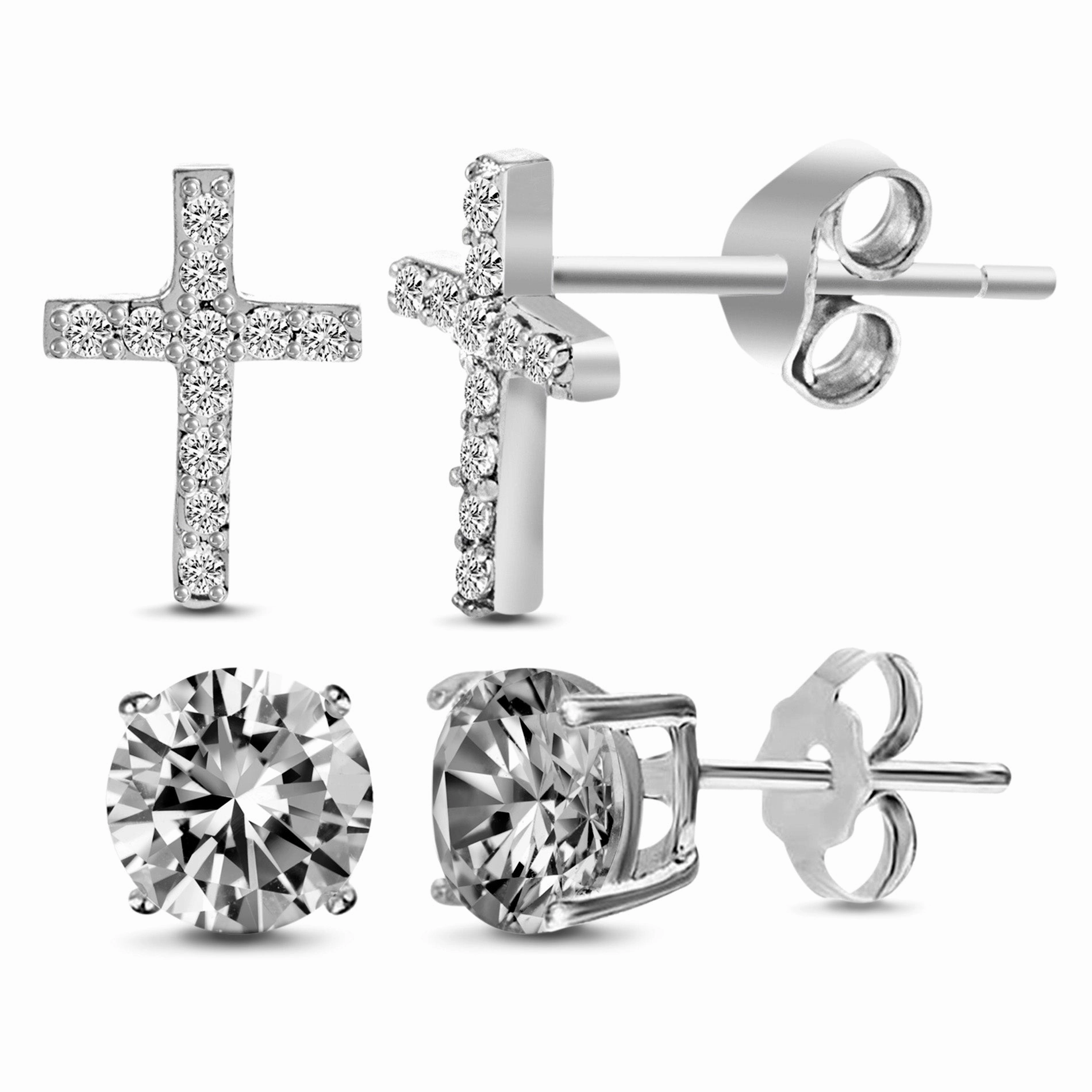 Sterling Silver Cubic Zirconia Cross and 5mm Round Stud Earrings Luxurious Embellishment Avant-Garde Item