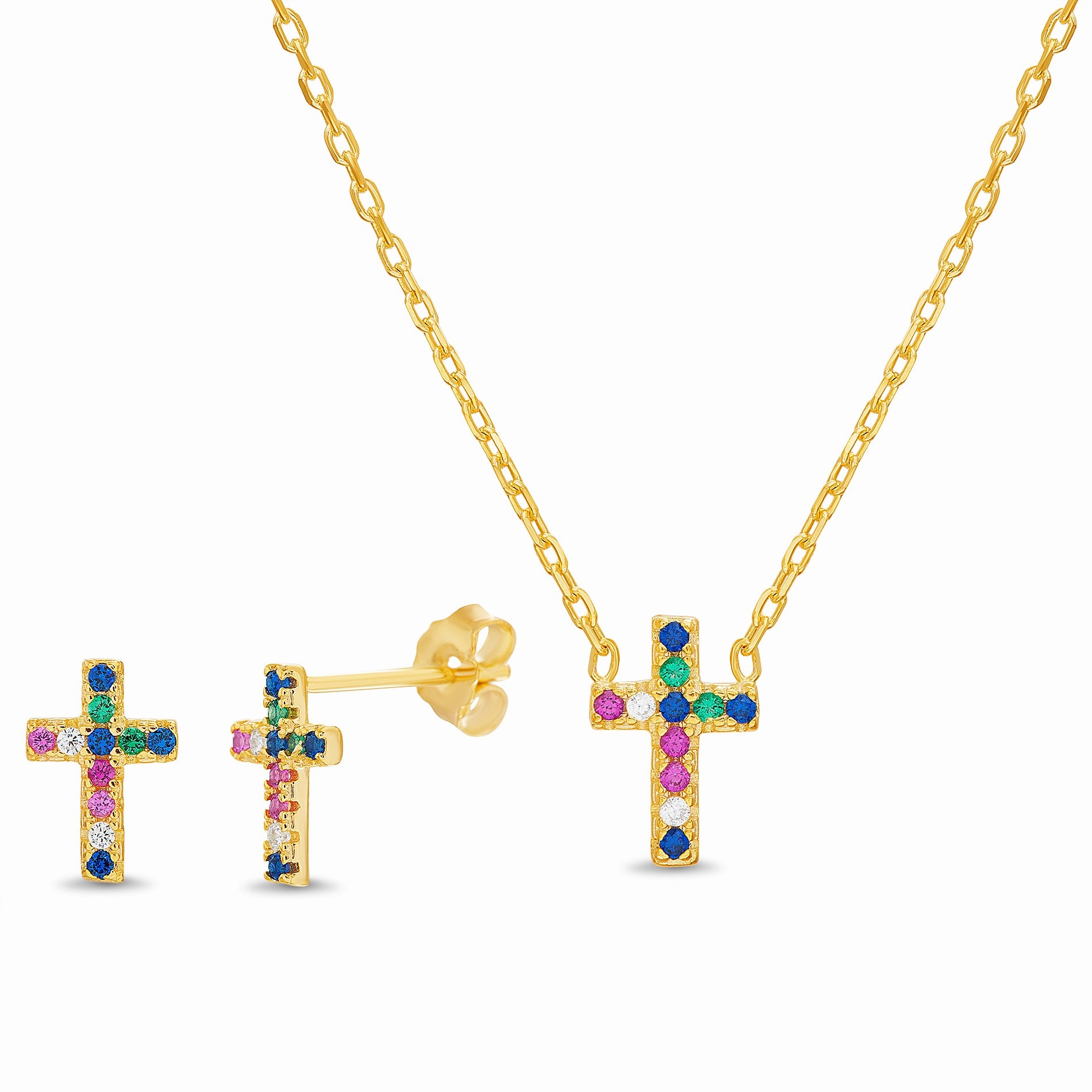 Brilliant Finish Sterling Silver Cubic Zirconia Girl's Cross Necklace and Stud Earring Set