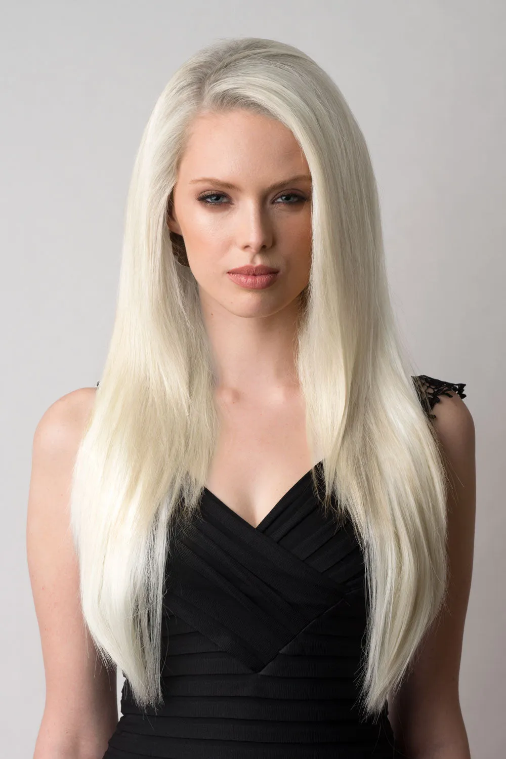Straight platinum blonde half wig hairpiece (3/4 wig): Shannon