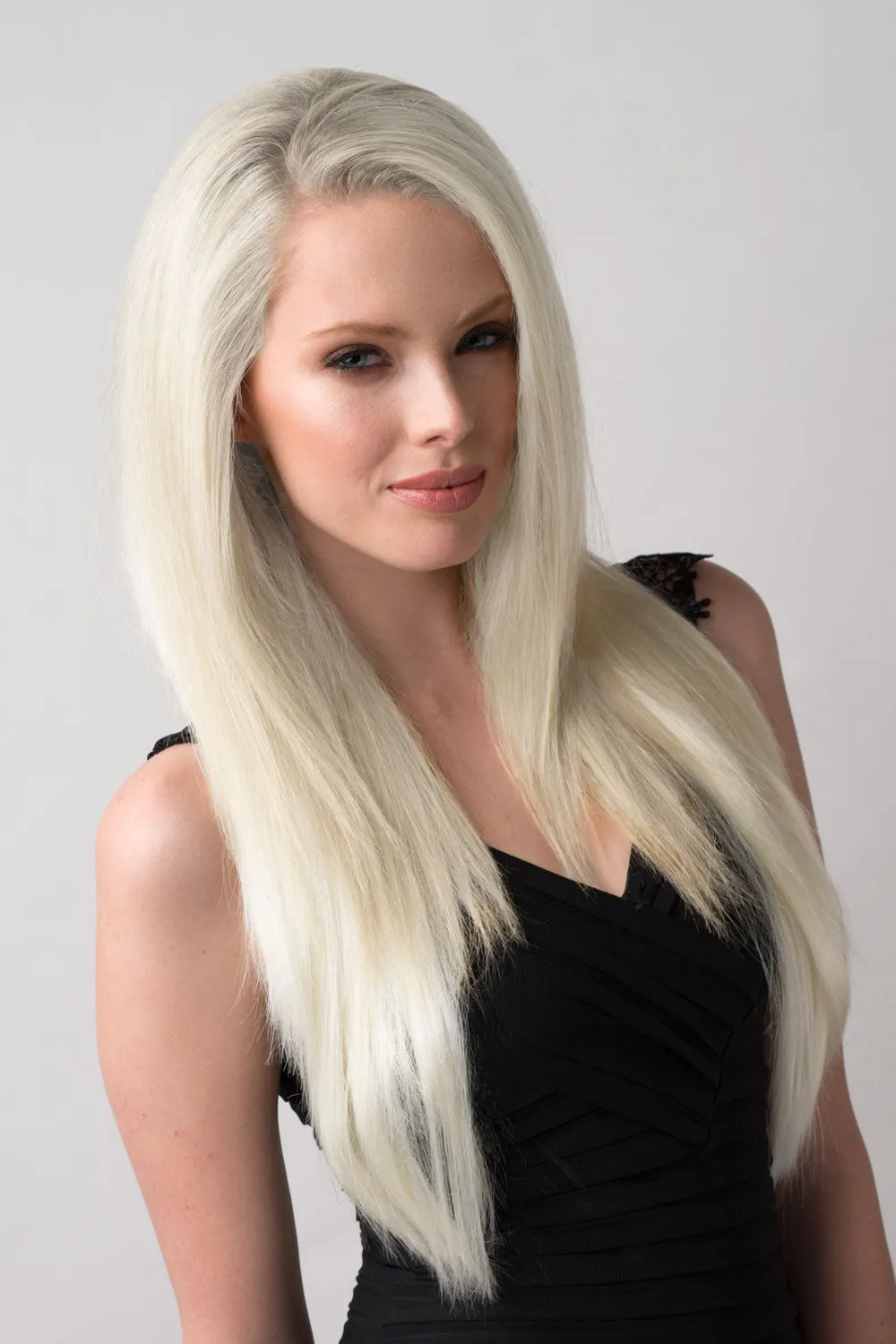 Straight platinum blonde half wig hairpiece (3/4 wig): Shannon