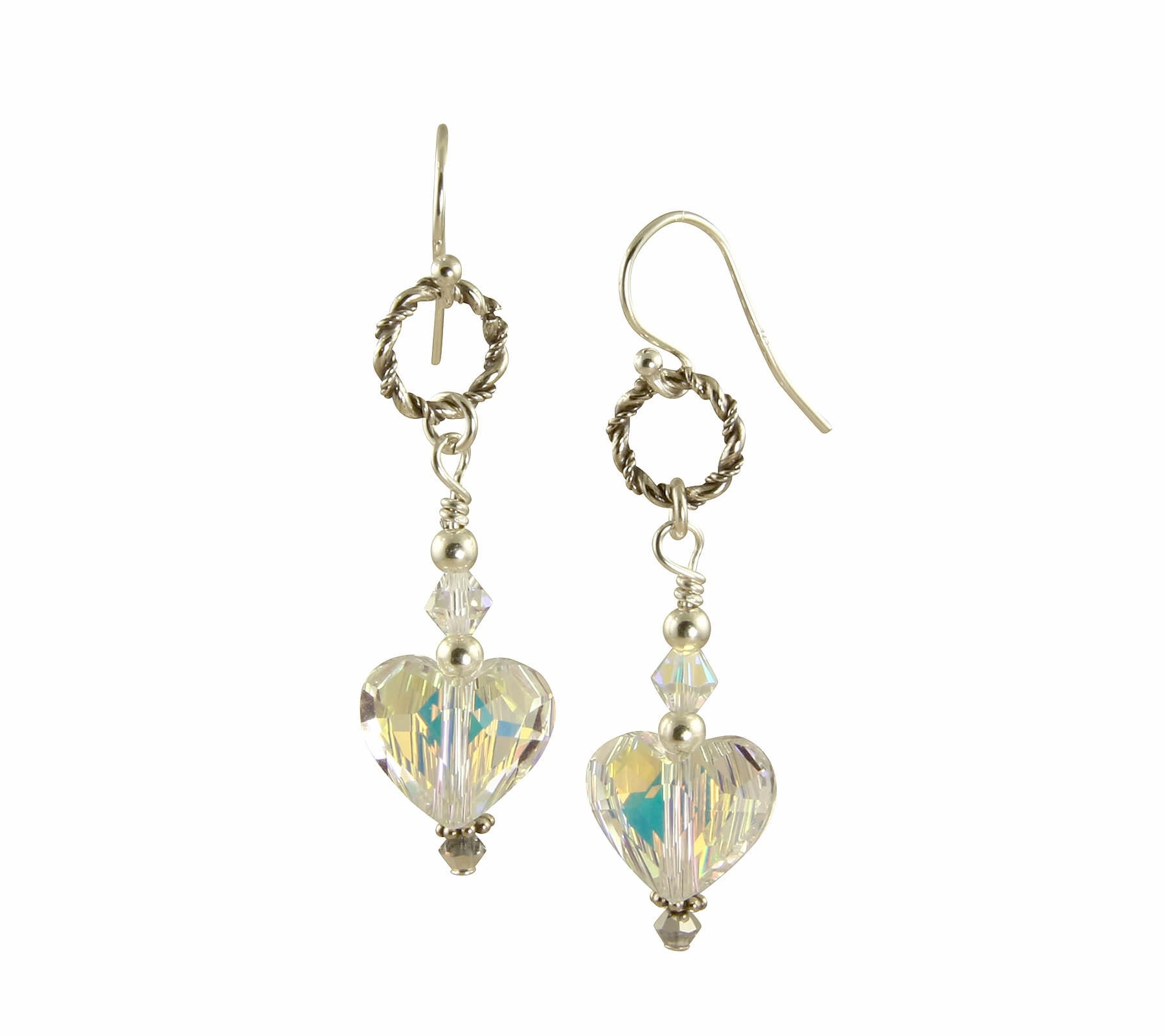 Iridescent Swarovski Heart Crystal Earrings, Sterling Silver Glittering Style