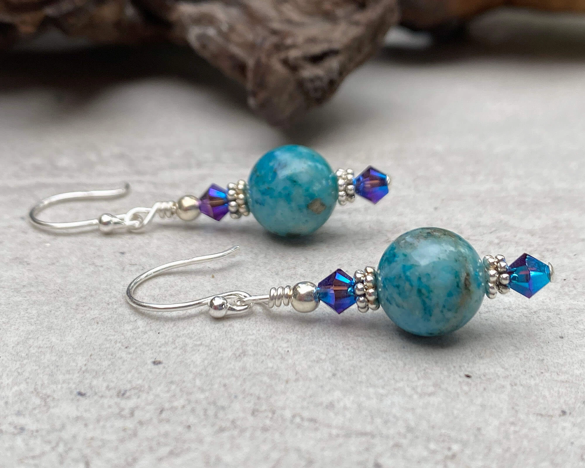 Small Ornament Unique Essential Aqua Floral Gemstone Beaded Earrings, Sterling Silver
