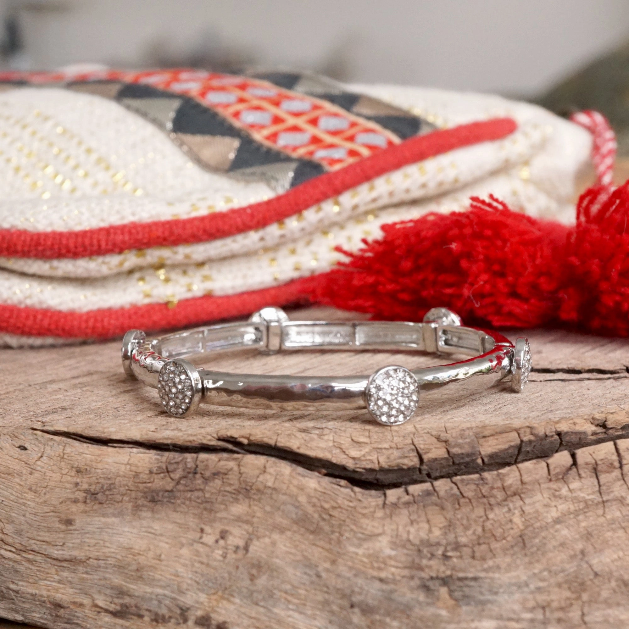 Novel Design Stretchy Bangle with Crystal Pav?? Round Accents ?C Gold or Silver Tone