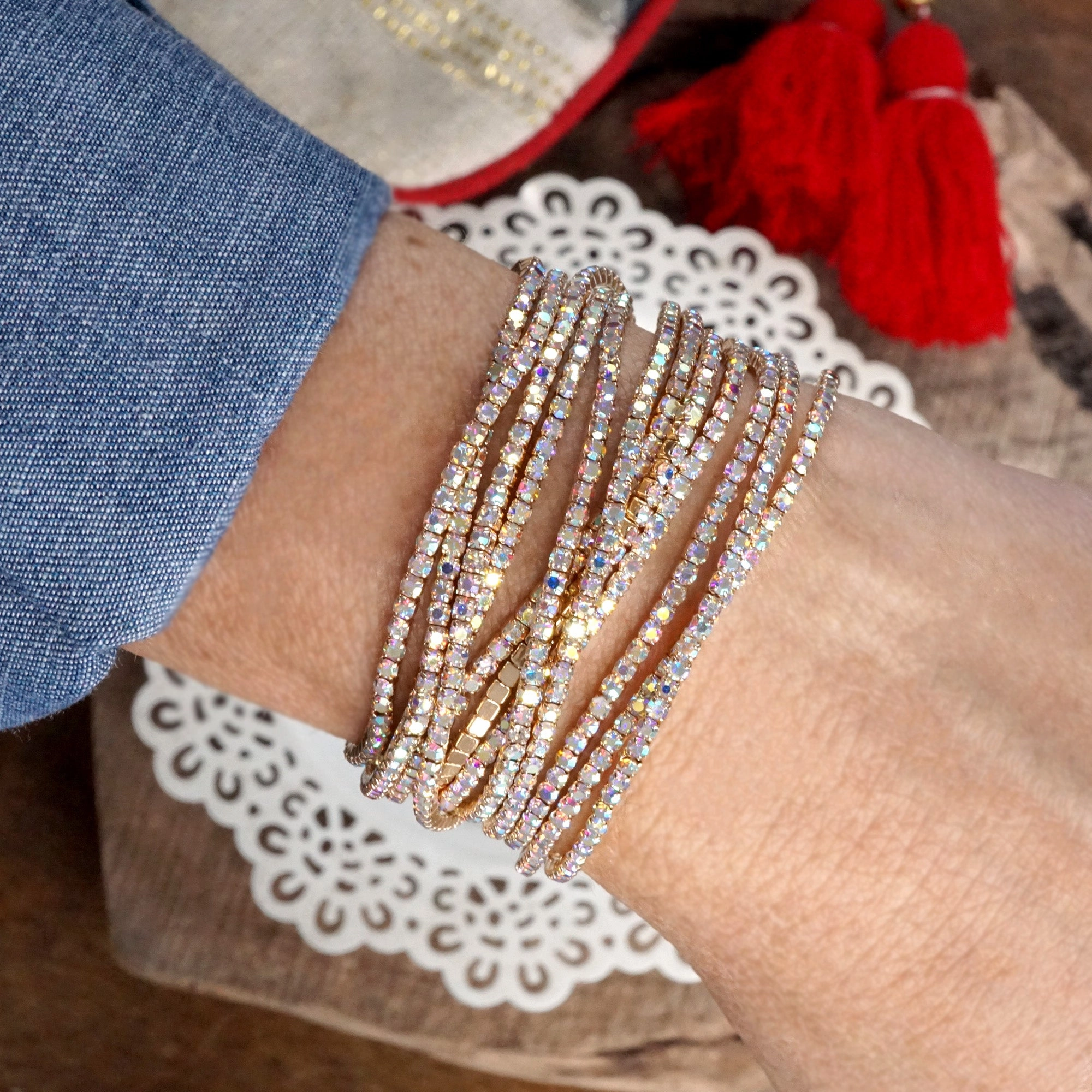 Stretchy Bracelets Stack with Iridescent Rhinestones in Gold Tone Hand-Finished Pastel Shades