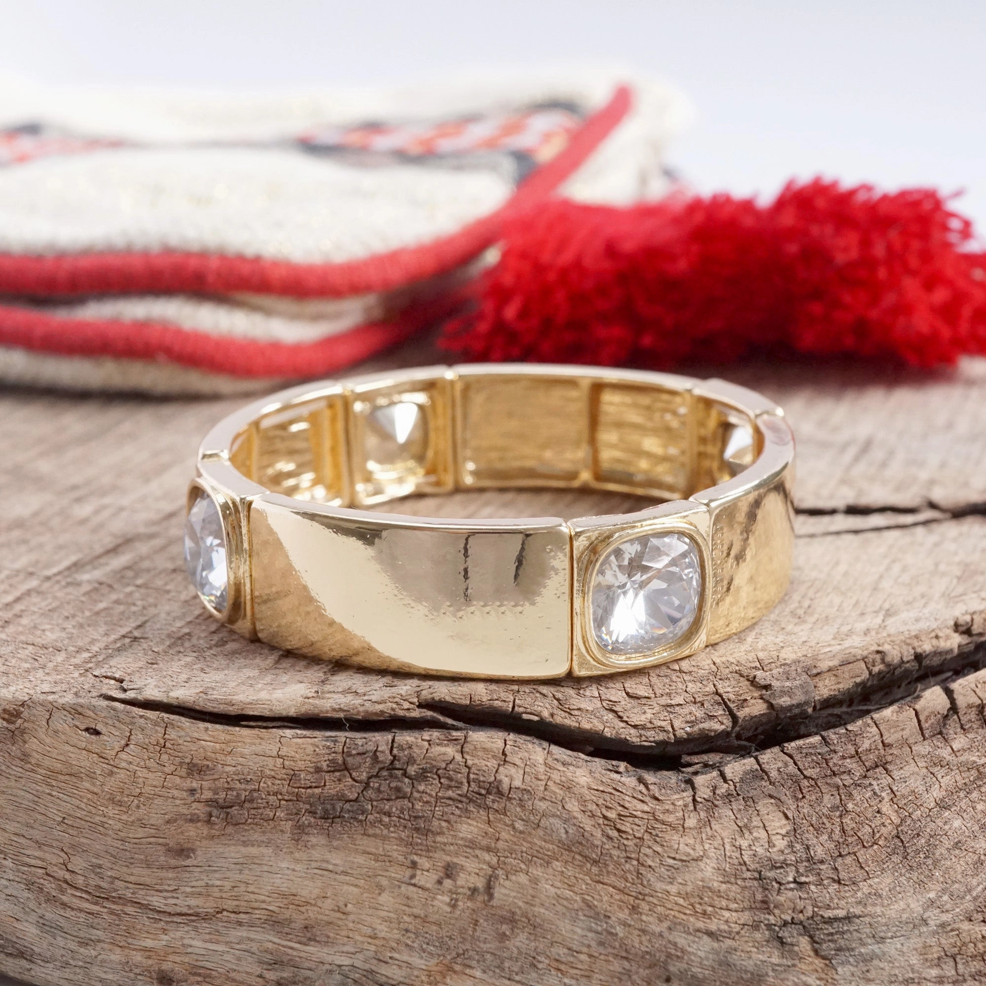 Stretchy Stackable Station Bangles Gold Tone Clear Crystals Forever Chic