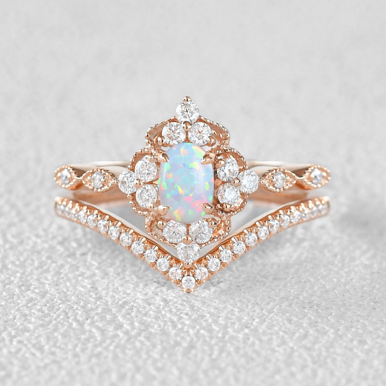Oval Lab Opal & Moissanite Vintage Inspired Ring Set 2pcs Classic Attire