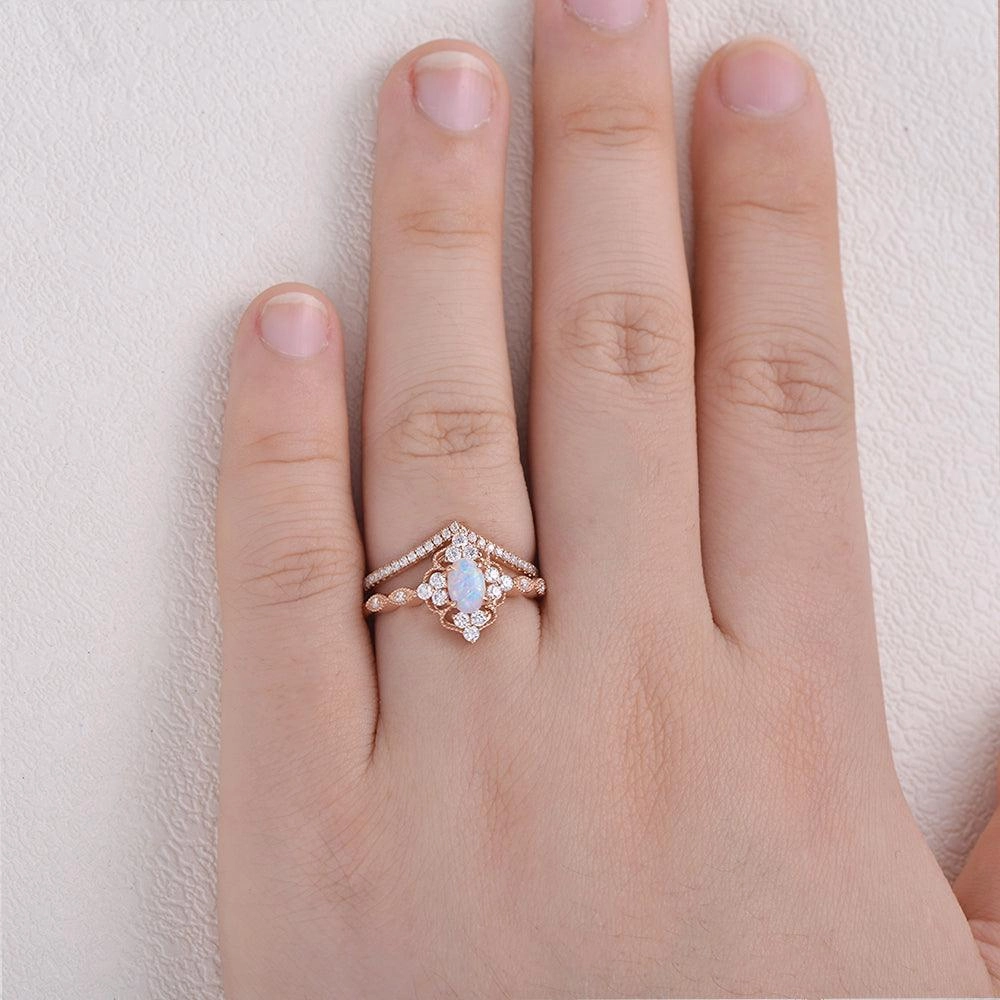 Oval Lab Opal & Moissanite Vintage Inspired Ring Set 2pcs Lustrous Sparkle Gift Box