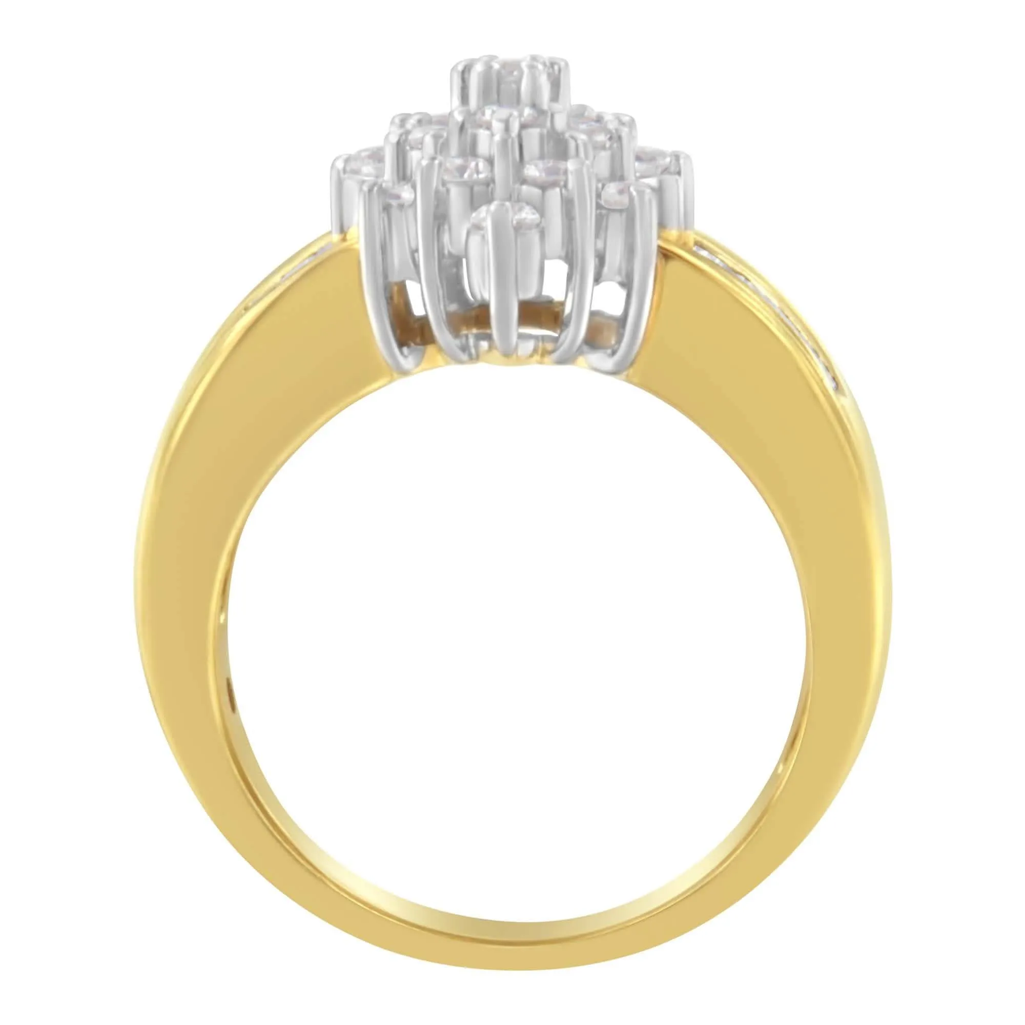 Stunning 14K Yellow Gold Floral Diamond Cocktail Ring with 1.0 Cttw of Round and Baguette Diamonds