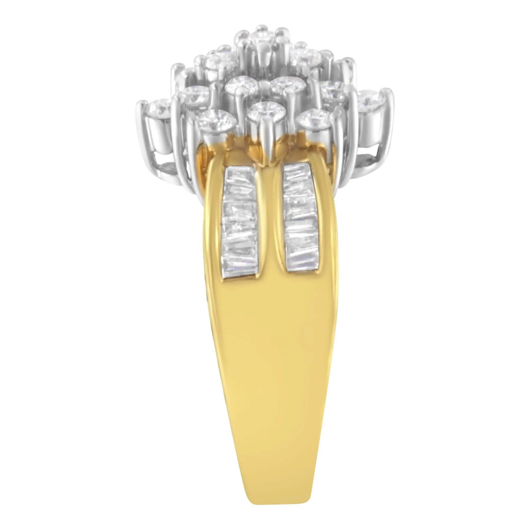 Stunning 14K Yellow Gold Floral Diamond Cocktail Ring with 1.0 Cttw of Round and Baguette Diamonds