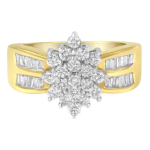Stunning 14K Yellow Gold Floral Diamond Cocktail Ring with 1.0 Cttw of Round and Baguette Diamonds