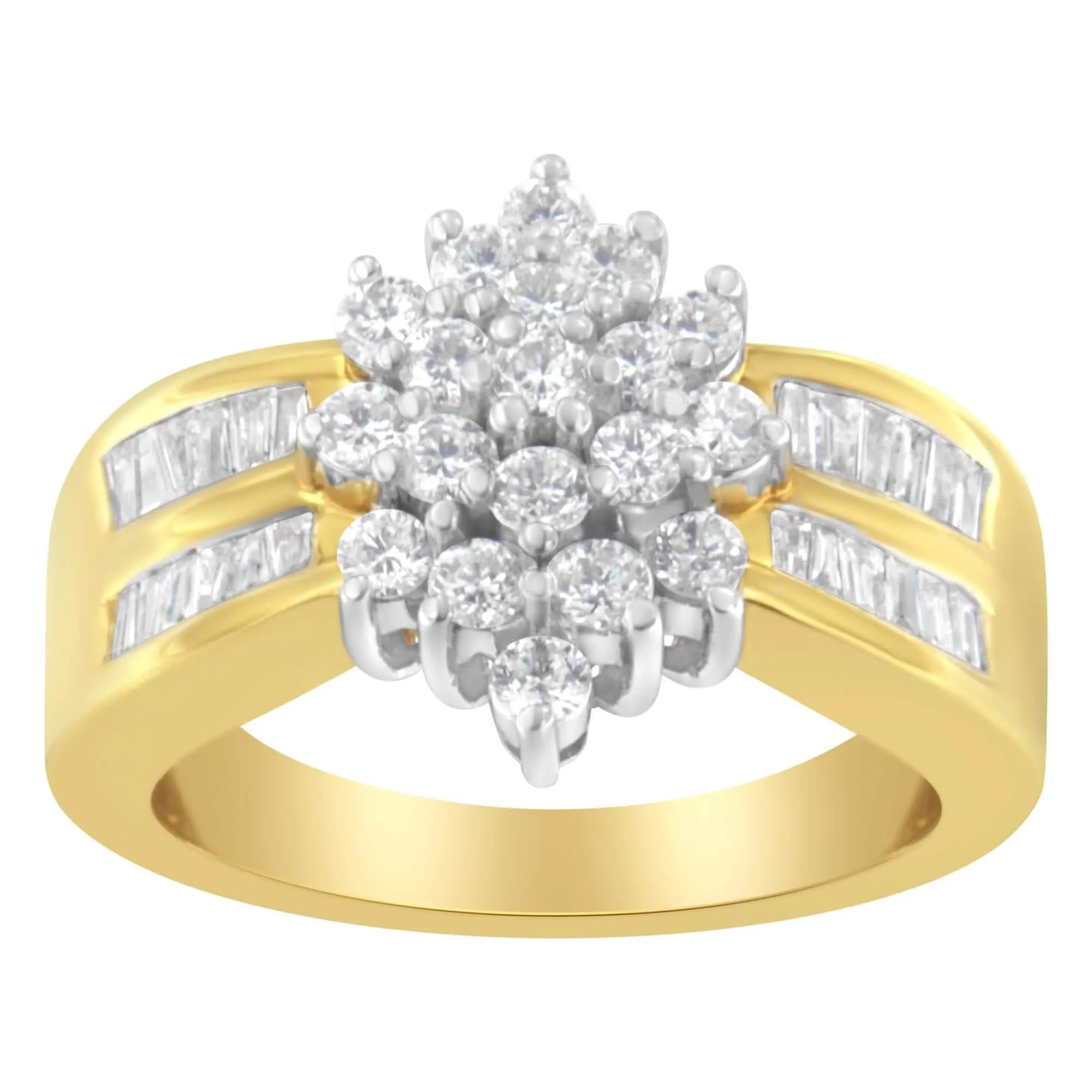 Stunning 14K Yellow Gold Floral Diamond Cocktail Ring with 1.0 Cttw of Round and Baguette Diamonds