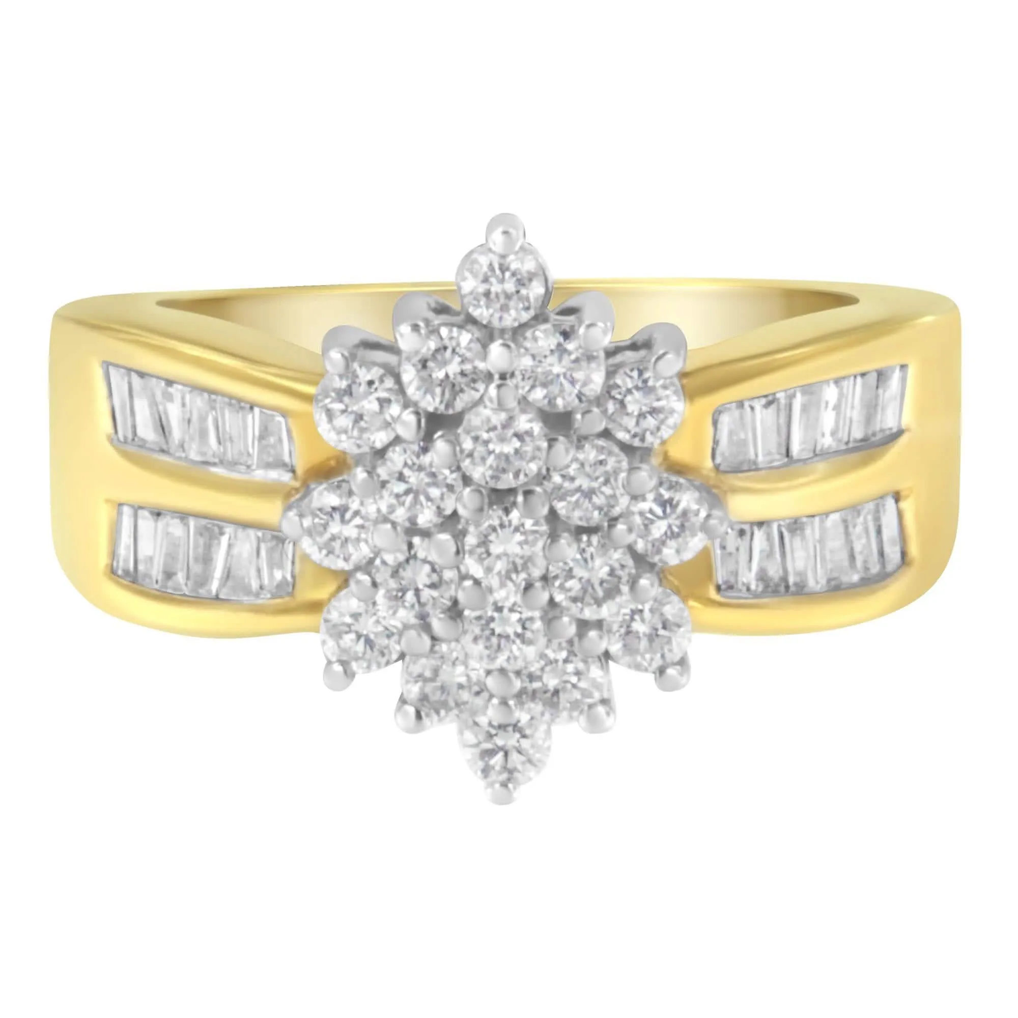 Stunning 14K Yellow Gold Floral Diamond Cocktail Ring with 1.0 Cttw of Round and Baguette Diamonds