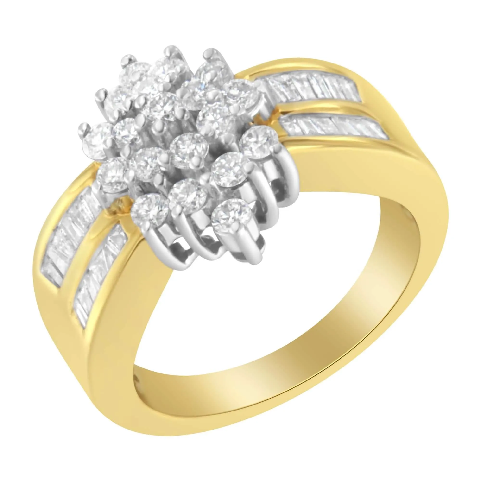 Stunning 14K Yellow Gold Floral Diamond Cocktail Ring with 1.0 Cttw of Round and Baguette Diamonds