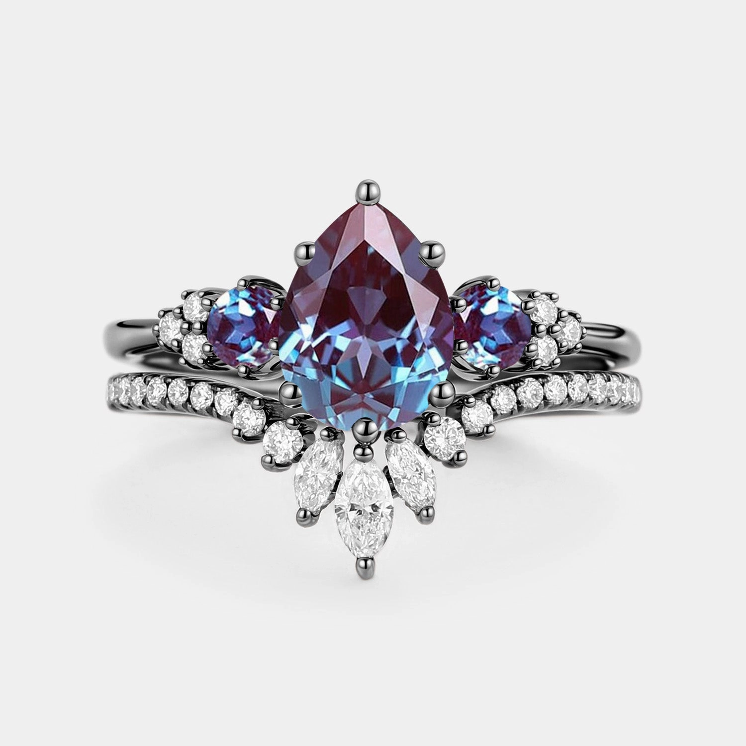 Pear Cut Lab Alexandrite & Moissanite Cluster Ring Set 2pcs - Lexi Party Style Handmade Elegance