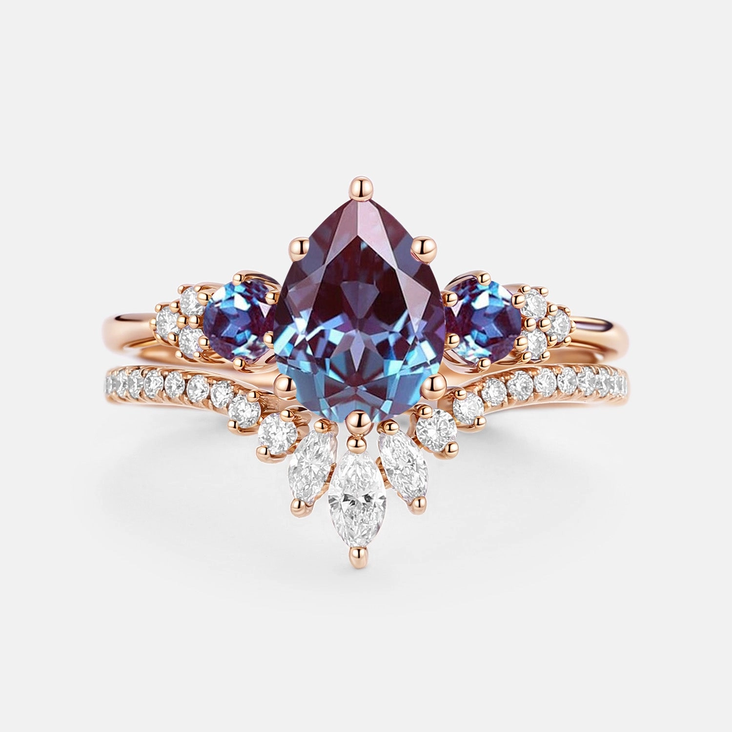 Graceful Shine Pear Cut Lab Alexandrite & Moissanite Cluster Ring Set 2pcs - Lexi