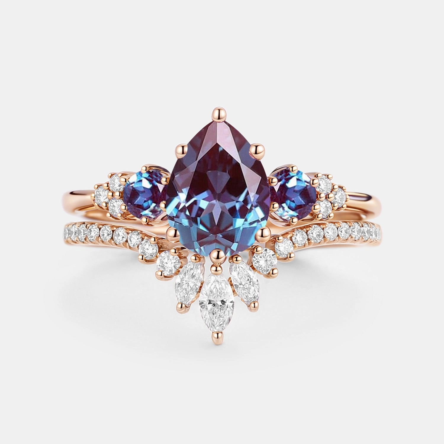 Pear Cut Lab Alexandrite & Moissanite Cluster Ring Set 2pcs - Lexi Unique Radiance Timeless Edge