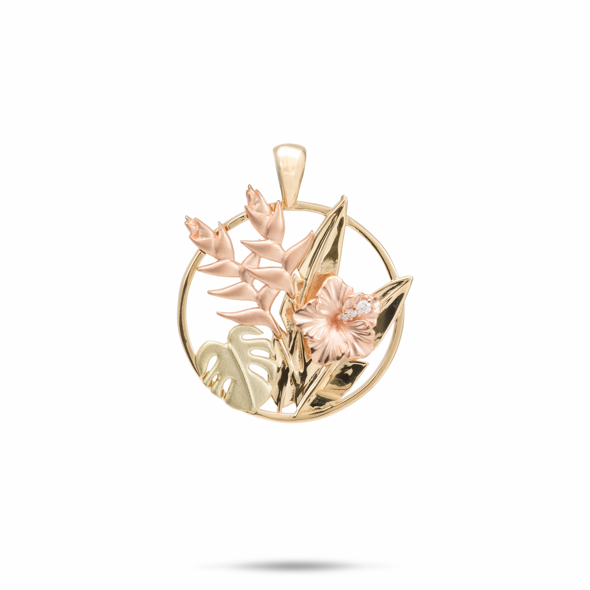 Captivating Piece Sparkling Pieces Hawaiian Gardens Hibiscus Pendant in Tri Color Gold with Diamonds - 20mm