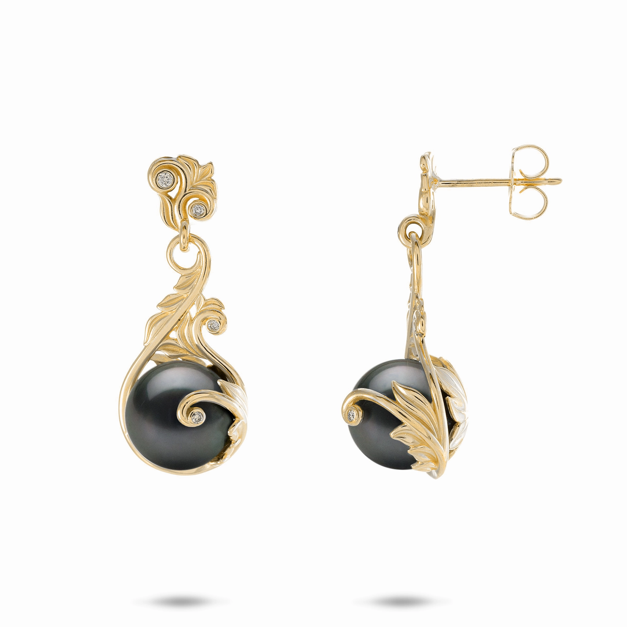 Luxury Pick Understated Finish Living Heirloom Tahitian Black Pearl Earrings in Gold with Diamonds - 9-10mm
