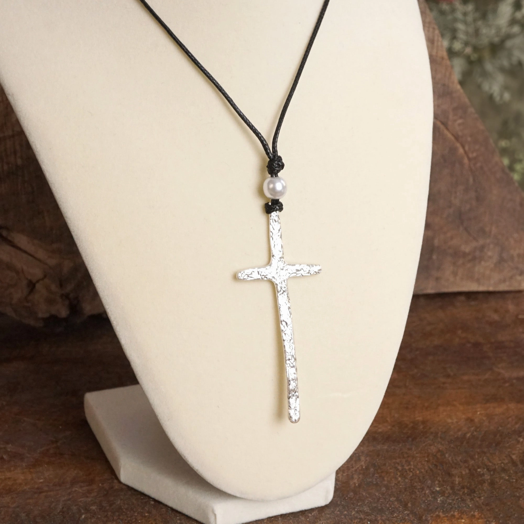 Primitive Cross Necklace Gold Silver Pearl Black Brown Business Accent