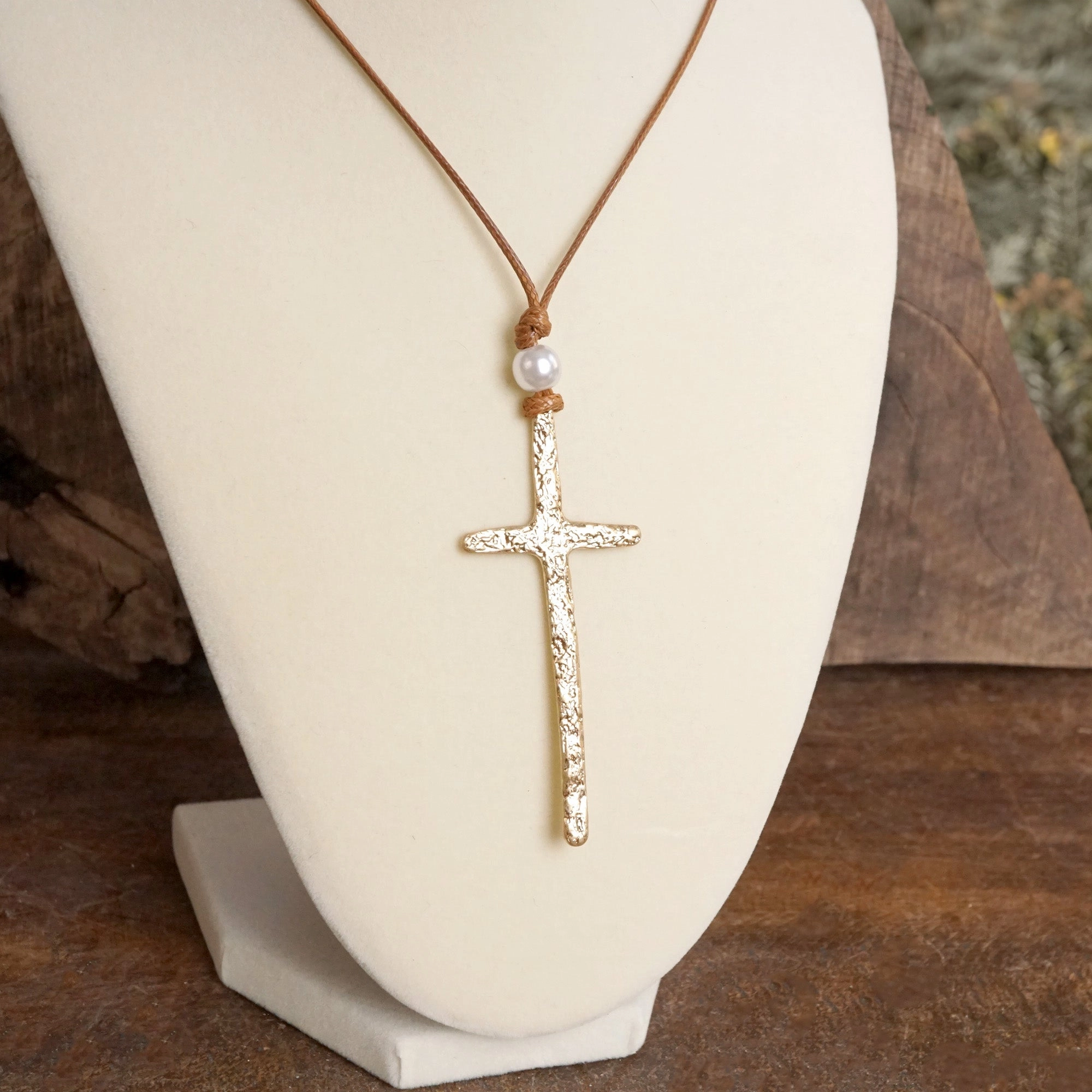 Formal Jewelry Primitive Cross Necklace Gold Silver Pearl Black Brown