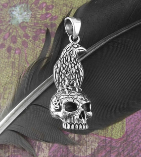 Evening Mood For Identity Raven Perched On Human Skull Oxidized Pendant