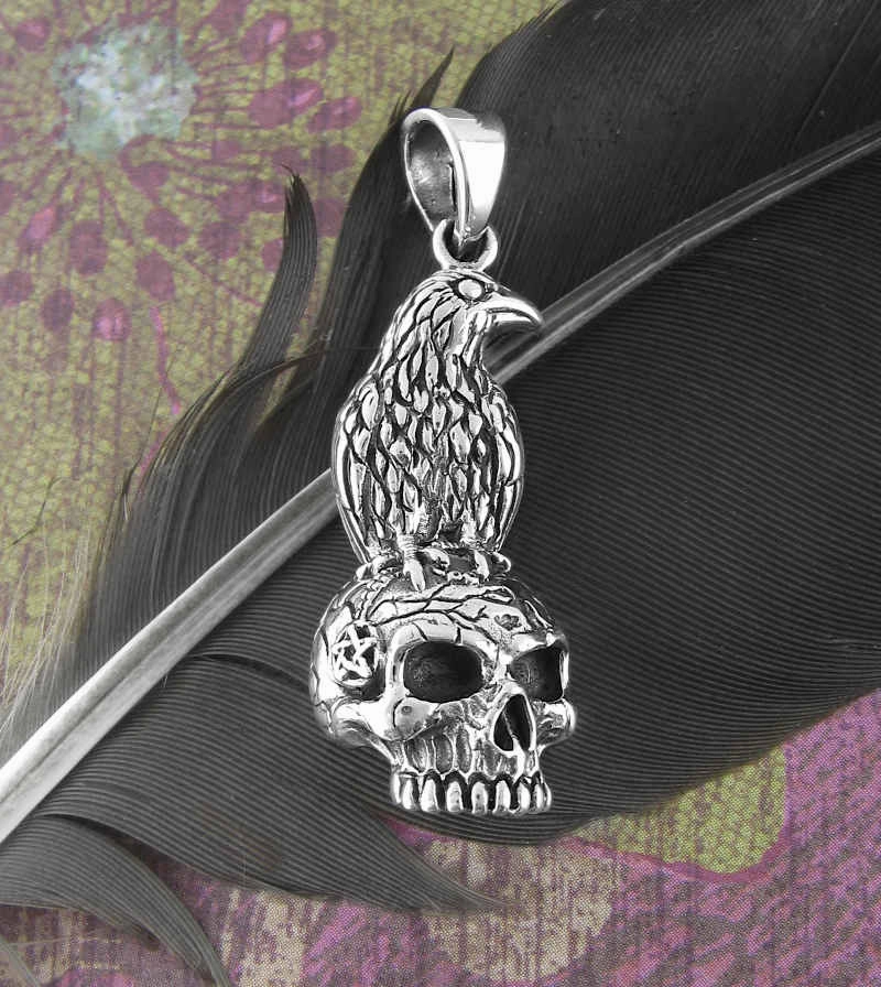 Evening Mood For Identity Raven Perched On Human Skull Oxidized Pendant