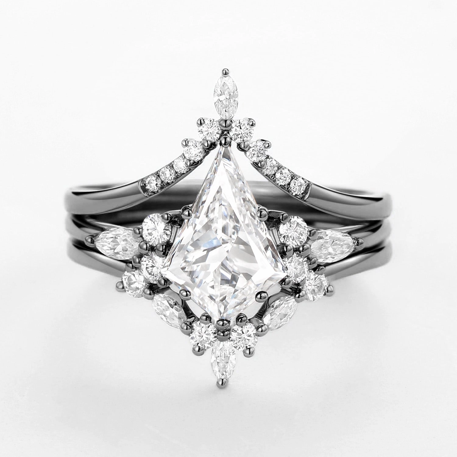 Kite Cut Salt and Pepper Diamonds Ring Set 3pcs - Kinsley Travel Style Glamorous Craft