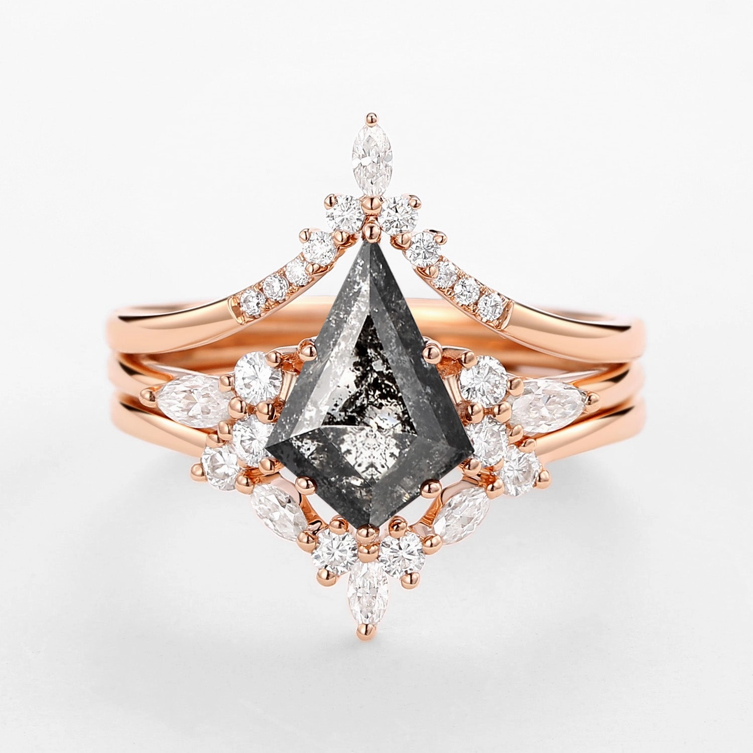 Kite Cut Salt and Pepper Diamonds Ring Set 3pcs - Kinsley Signature Edge Opulent Gem
