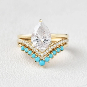 Romantic Feel New Arrival 2.0ct Art-Deco Pear Shaped Moissanite & Turquoise Ring Set 3pcs