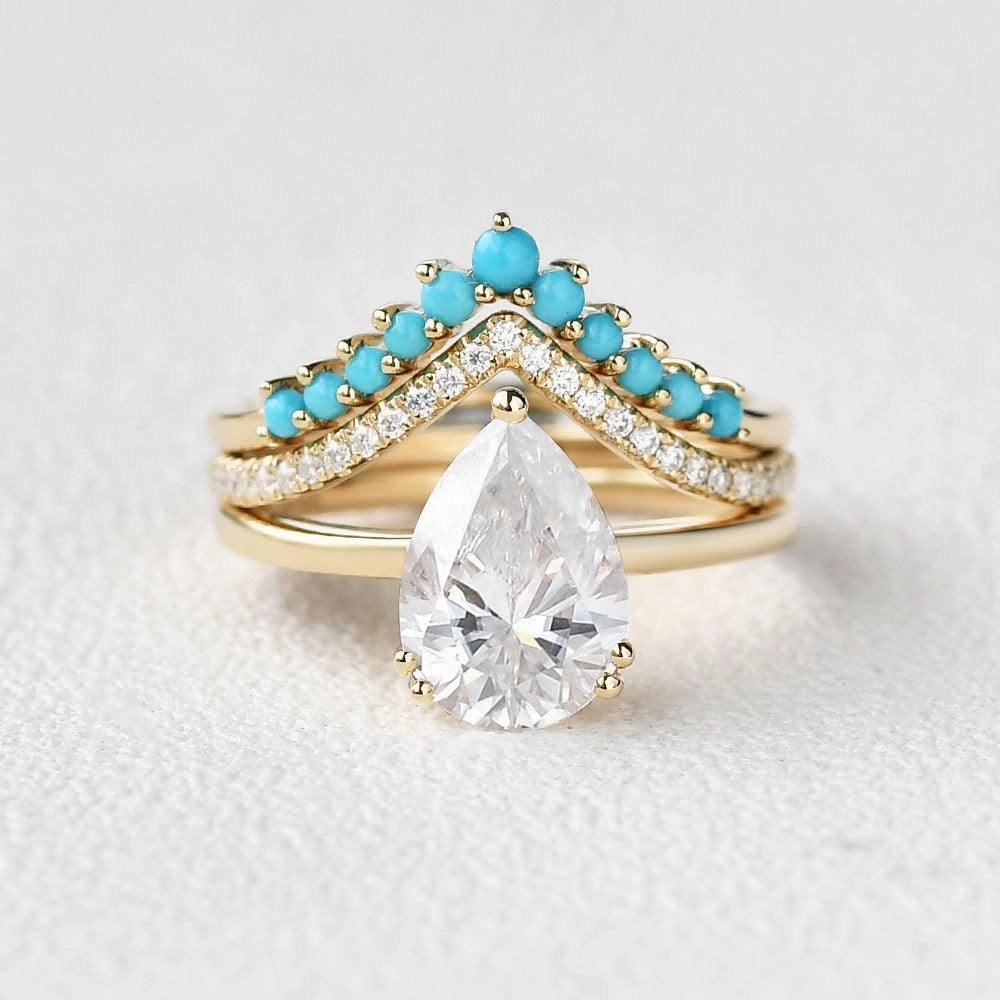 Pure Detail 2.0ct Art-Deco Pear Shaped Moissanite & Turquoise Ring Set 3pcs