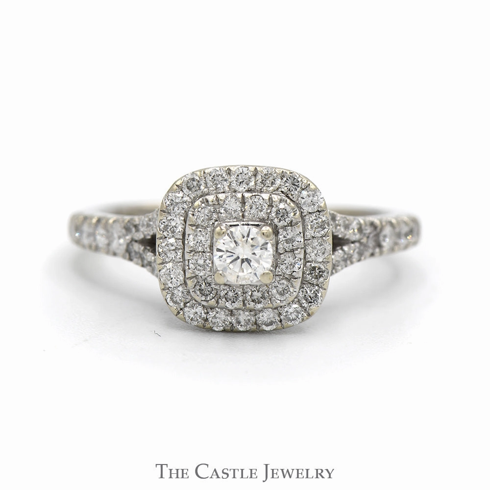 Stylish Creation 3/4cttw Diamond Engagement Ring with Double Halo and Accented Split Shank Sides in 14k White Gold