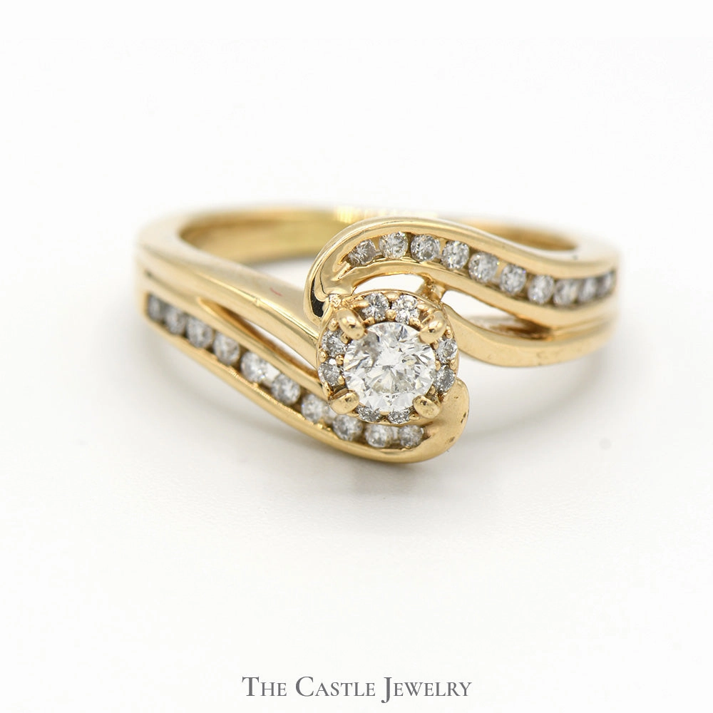 Modern Choice Round Diamond Engagement Ring with Diamond Halo and Accents in Swirled 10k Yellow Gold Setting