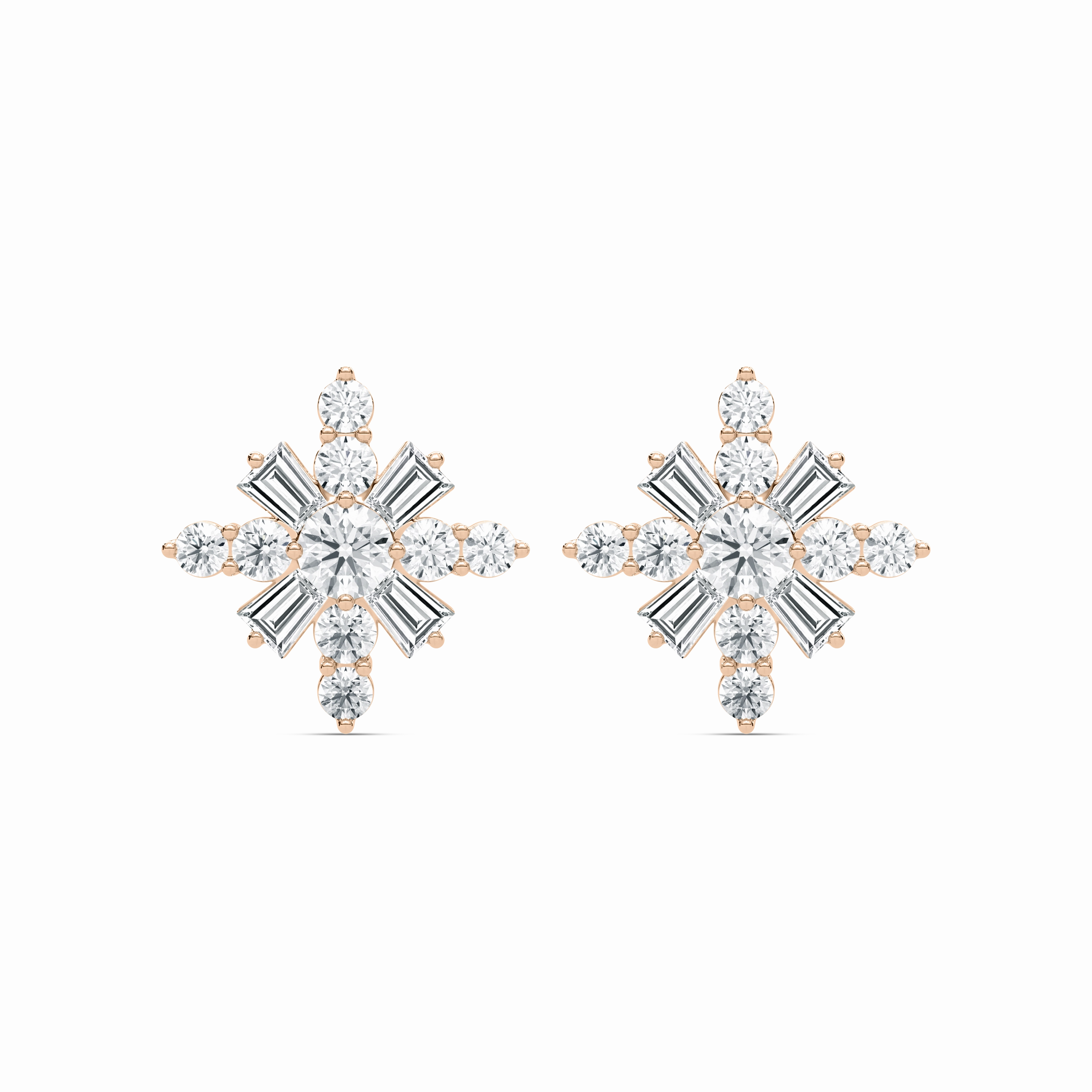 4 ?/? ctw Round and Tapered Baguette Lab Grown Diamond Snowflake Stud Earrings Heart-Shaped Ornament Small Accent