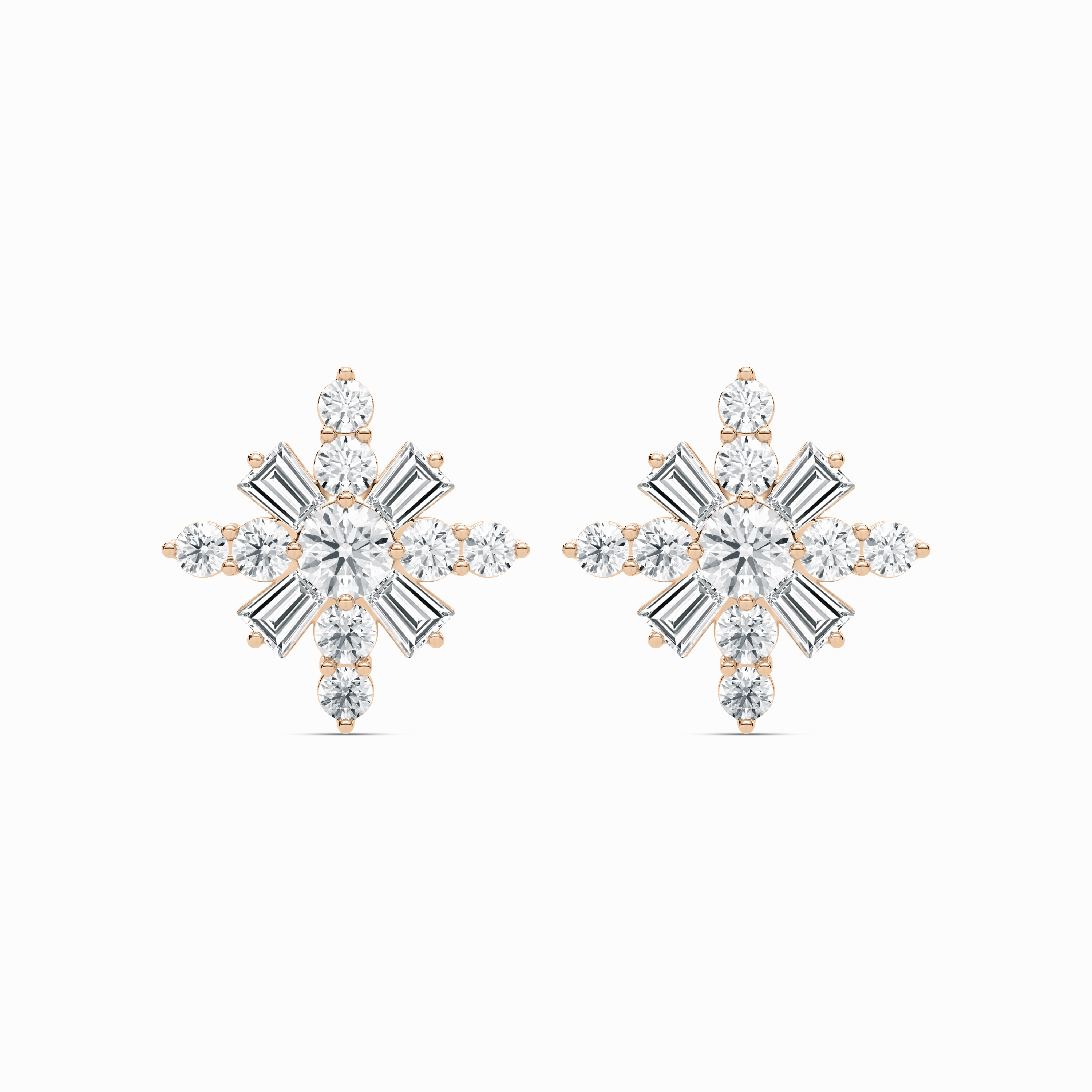 4 ?/? ctw Round and Tapered Baguette Lab Grown Diamond Snowflake Stud Earrings Glittery Accent Ornate Product