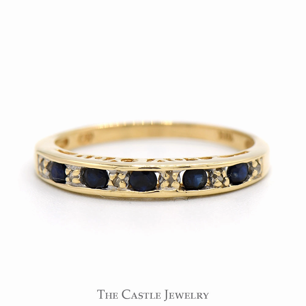Sapphire Wedding Band with Diamond Accents in 10k Yellow Gold Lovely Appearance