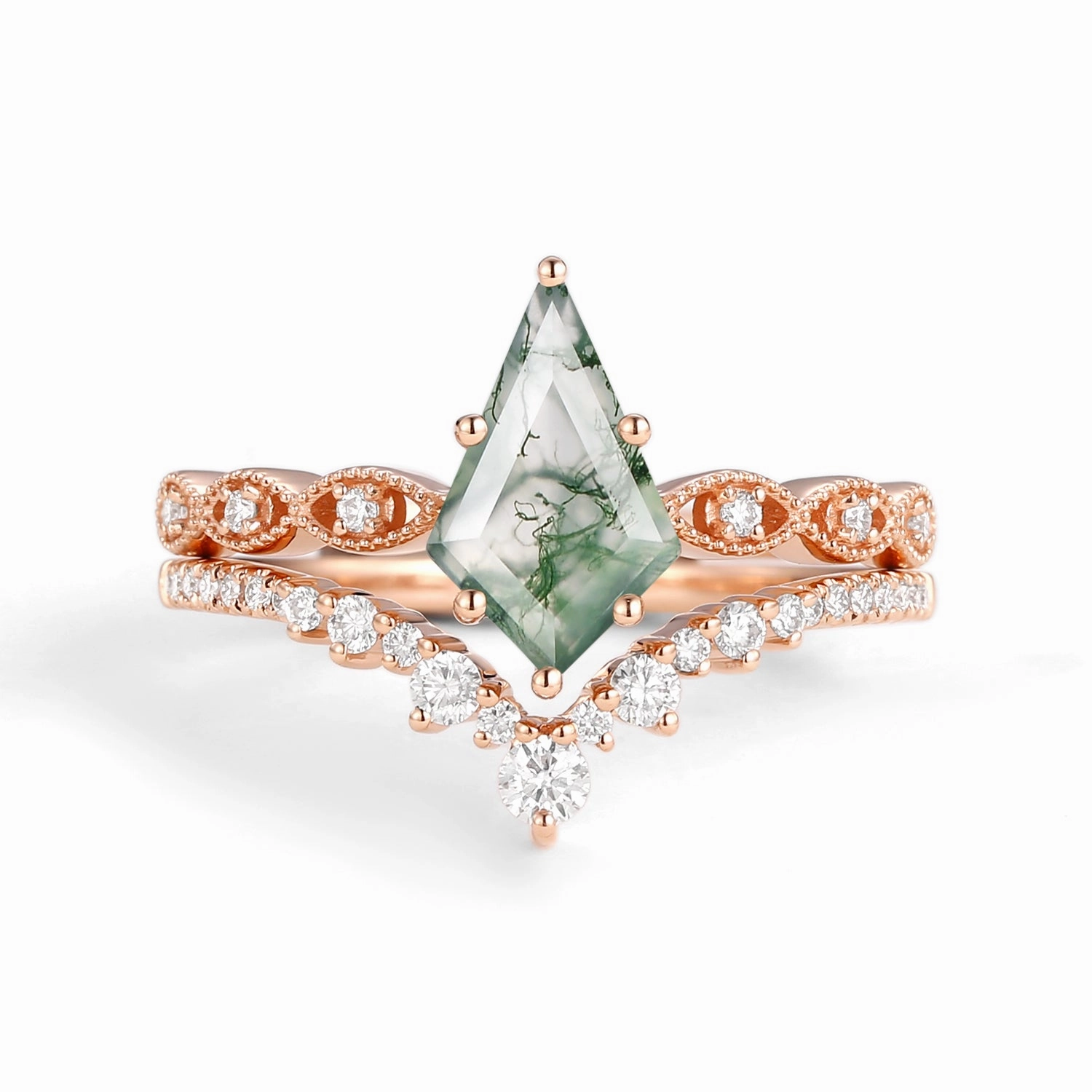 Bold Detail Red Dress 2.0ct Vintage Kite Cut Moss Agate Engagement Ring Set 2pcs - Winona