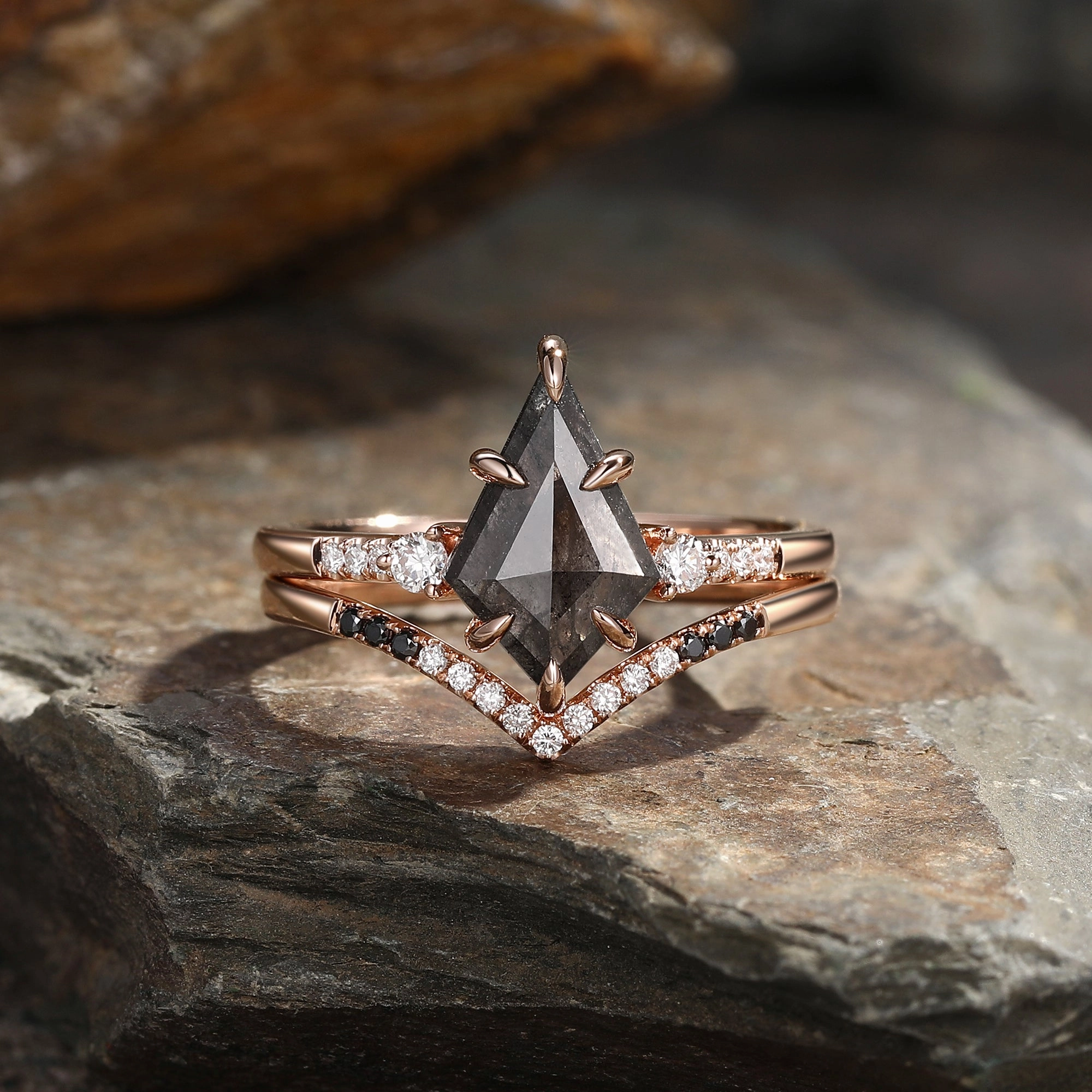 Salt and Pepper Diamonds & Black Moissanite Engagement Ring Set 2pcs Party Ready Trendy Detail